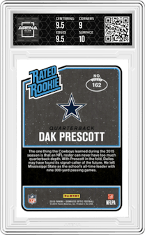 Dak Prescott from the 2016 Panini Donruss Optic set featuring a Bronze parallel graded by Arena Club and given an overall grade of 9.5.