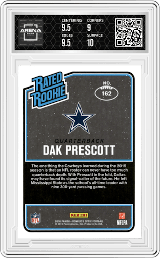 Dak Prescott from the 2016 Panini Donruss Optic set featuring a Bronze parallel graded by Arena Club and given an overall grade of 9.5.
