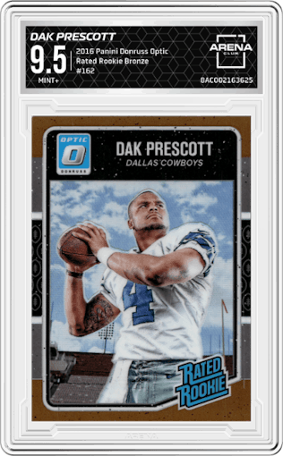 Dak Prescott from the 2016 Panini Donruss Optic set featuring a Bronze parallel graded by Arena Club and given an overall grade of 9.5.
