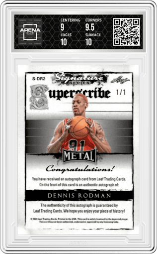Dennis Rodman from the 2024 Leaf Metal Signature Series set featuring a Red Crystal parallel graded by Arena Club and given an overall grade of 9.5.