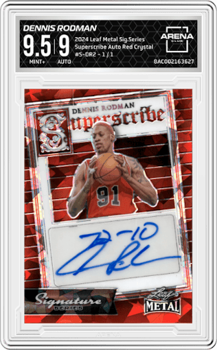 Dennis Rodman from the 2024 Leaf Metal Signature Series set featuring a Red Crystal parallel graded by Arena Club and given an overall grade of 9.5.