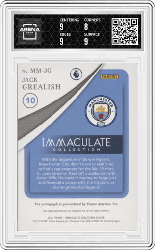 Jack Grealish from the 2021-22 Panini Immaculate Collection set graded by Arena Club and given an overall grade of 8.5.