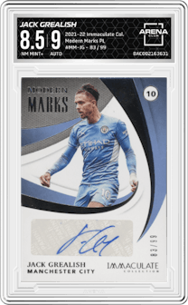 Jack Grealish from the 2021-22 Panini Immaculate Collection set graded by Arena Club and given an overall grade of 8.5.