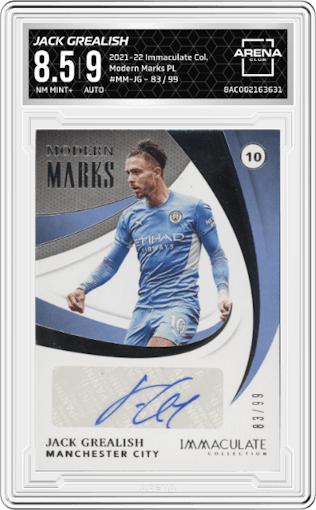 Jack Grealish from the 2021-22 Panini Immaculate Collection set graded by Arena Club and given an overall grade of 8.5.