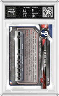 Ranger Suarez from the 2018 Bowman set graded by Arena Club and given an overall grade of 9.5.