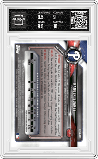 Ranger Suarez from the 2018 Bowman set graded by Arena Club and given an overall grade of 9.5.