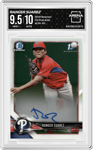 Ranger Suarez from the 2018 Bowman set graded by Arena Club and given an overall grade of 9.5.