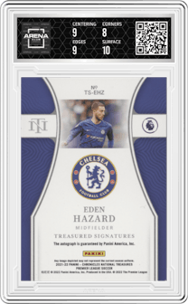 Eden Hazard from the 2021-22 Panini Chronicles set graded by Arena Club and given an overall grade of 8.5.