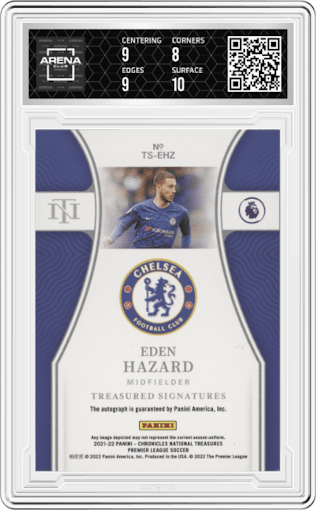 Eden Hazard from the 2021-22 Panini Chronicles set graded by Arena Club and given an overall grade of 8.5.