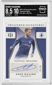 Eden Hazard from the 2021-22 Panini Chronicles set graded by Arena Club and given an overall grade of 8.5.