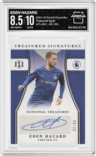 Eden Hazard from the 2021-22 Panini Chronicles set graded by Arena Club and given an overall grade of 8.5.
