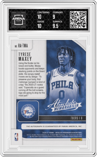 Tyrese Maxey from the 2020-21 Panini Absolute set featuring a Lvl. 2 parallel graded by Arena Club and given an overall grade of 9.5.