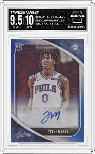 Tyrese Maxey from the 2020-21 Panini Absolute set featuring a Lvl. 2 parallel graded by Arena Club and given an overall grade of 9.5.