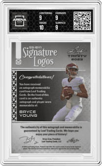 Bryce Young from the 2023 Leaf Trinity set featuring a Silver parallel graded by Arena Club and given an overall grade of 9.5.