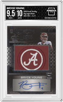 Bryce Young from the 2023 Leaf Trinity set featuring a Silver parallel graded by Arena Club and given an overall grade of 9.5.