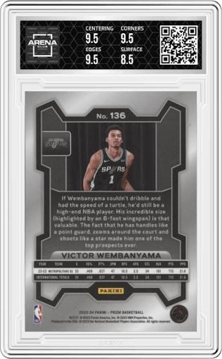 Victor Wembanyama from the 2023-24 Panini Prizm set graded by Arena Club and given an overall grade of 9.