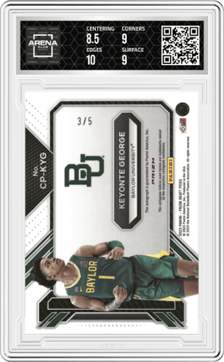 Keyonte George from the 2023-24 Panini Prizm Draft Picks set featuring a Black Gold parallel graded by Arena Club and given an overall grade of 9.