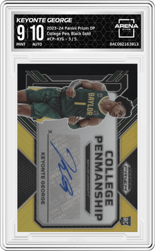 Keyonte George from the 2023-24 Panini Prizm Draft Picks set featuring a Black Gold parallel graded by Arena Club and given an overall grade of 9.