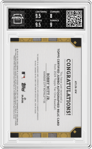 Bobby Witt Jr.  from the 2024 Topps Tier One  set featuring a Green parallel graded by Arena Club and given an overall grade of 8.5.