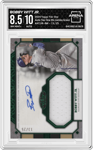 Bobby Witt Jr.  from the 2024 Topps Tier One  set featuring a Green parallel graded by Arena Club and given an overall grade of 8.5.