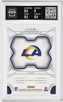 Odell Beckham Jr. from the 2022 Panini National Treasures set graded by Arena Club and given an overall grade of 8.5.