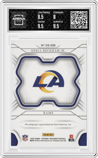 Odell Beckham Jr. from the 2022 Panini National Treasures set graded by Arena Club and given an overall grade of 8.5.