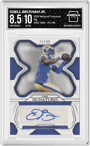 Odell Beckham Jr. from the 2022 Panini National Treasures set graded by Arena Club and given an overall grade of 8.5.
