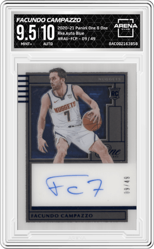 Facundo Campazzo from the 2020-21 Panini One and One set featuring a Blue parallel graded by Arena Club and given an overall grade of 9.5.
