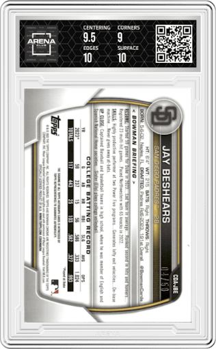 Jay Beshears from the 2023 Bowman Draft set featuring a Gold Refractor parallel graded by Arena Club and given an overall grade of 9.5.