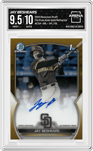 Jay Beshears from the 2023 Bowman Draft set featuring a Gold Refractor parallel graded by Arena Club and given an overall grade of 9.5.
