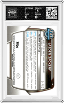 Jaeden Zackery from the 2022-23 Bowman University Chrome set featuring a Gold Shimmer Refractor parallel graded by Arena Club and given an overall grade of 9.5.