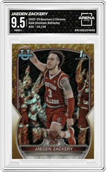 Jaeden Zackery from the 2022-23 Bowman University Chrome set featuring a Gold Shimmer Refractor parallel graded by Arena Club and given an overall grade of 9.5.