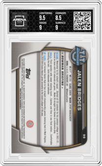 Jalen Bridges from the 2022-23 Bowman University Chrome set featuring a Refractor parallel graded by Arena Club and given an overall grade of 9.