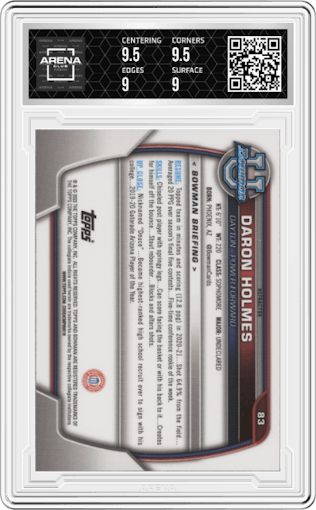 Daron Holmes from the 2022-23 Bowman University Chrome set featuring a Refractor parallel graded by Arena Club and given an overall grade of 9.5.