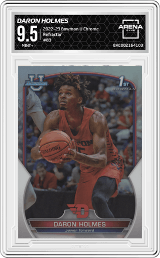 Daron Holmes from the 2022-23 Bowman University Chrome set featuring a Refractor parallel graded by Arena Club and given an overall grade of 9.5.