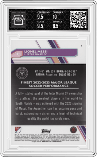 Lionel Messi from the 2023 Topps Finest MLS set graded by Arena Club and given an overall grade of 9.
