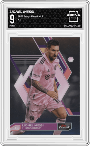 Lionel Messi from the 2023 Topps Finest MLS set graded by Arena Club and given an overall grade of 9.