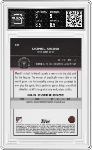 Lionel Messi from the 2023 Topps Chrome MLS Major League Soccer set graded by Arena Club and given an overall grade of 9.