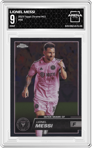 Lionel Messi from the 2023 Topps Chrome MLS Major League Soccer set graded by Arena Club and given an overall grade of 9.