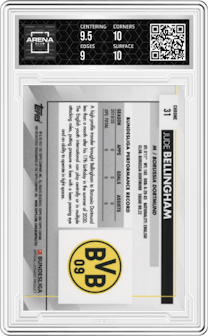 Jude Bellingham from the 2020-21 Topps Chrome Bundesliga set graded by Arena Club and given an overall grade of 9.5.
