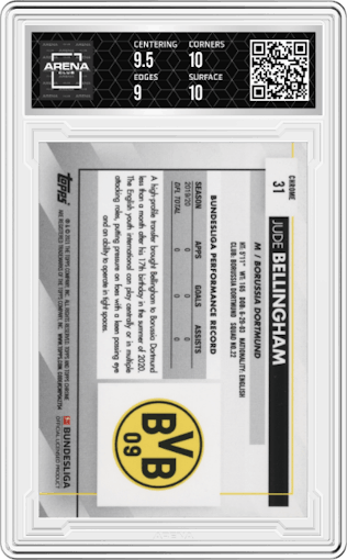 Jude Bellingham from the 2020-21 Topps Chrome Bundesliga set graded by Arena Club and given an overall grade of 9.5.