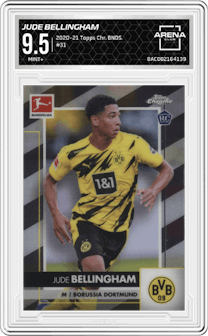 Jude Bellingham from the 2020-21 Topps Chrome Bundesliga set graded by Arena Club and given an overall grade of 9.5.