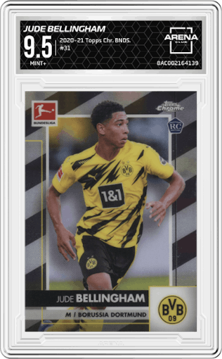 Jude Bellingham from the 2020-21 Topps Chrome Bundesliga set graded by Arena Club and given an overall grade of 9.5.