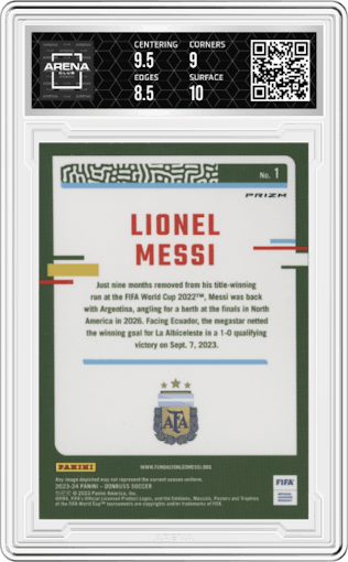 Lionel Messi from the 2023-24 Panini Donruss set featuring a Holo parallel graded by Arena Club and given an overall grade of 9.
