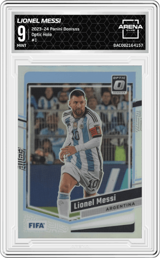 Lionel Messi from the 2023-24 Panini Donruss set featuring a Holo parallel graded by Arena Club and given an overall grade of 9.