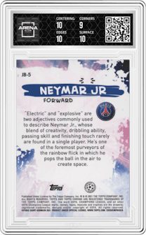 Neymar Jr from the 2020-21 Topps Chrome UEFA Champions League set graded by Arena Club and given an overall grade of 9.5.