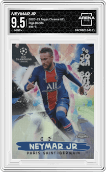 Neymar Jr from the 2020-21 Topps Chrome UEFA Champions League set graded by Arena Club and given an overall grade of 9.5.