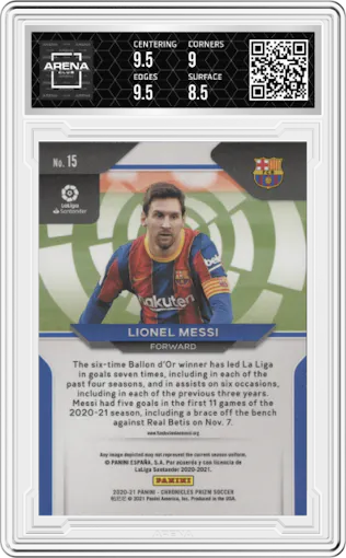 Lionel Messi from the 2020-21 Panini Chronicles set graded by Arena Club and given an overall grade of 9.