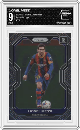 Lionel Messi from the 2020-21 Panini Chronicles set graded by Arena Club and given an overall grade of 9.