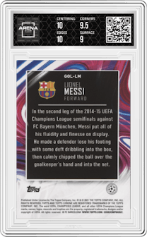 Lionel Messi from the 2020-21 Topps Chrome UEFA Champions League set graded by Arena Club and given an overall grade of 9.5.